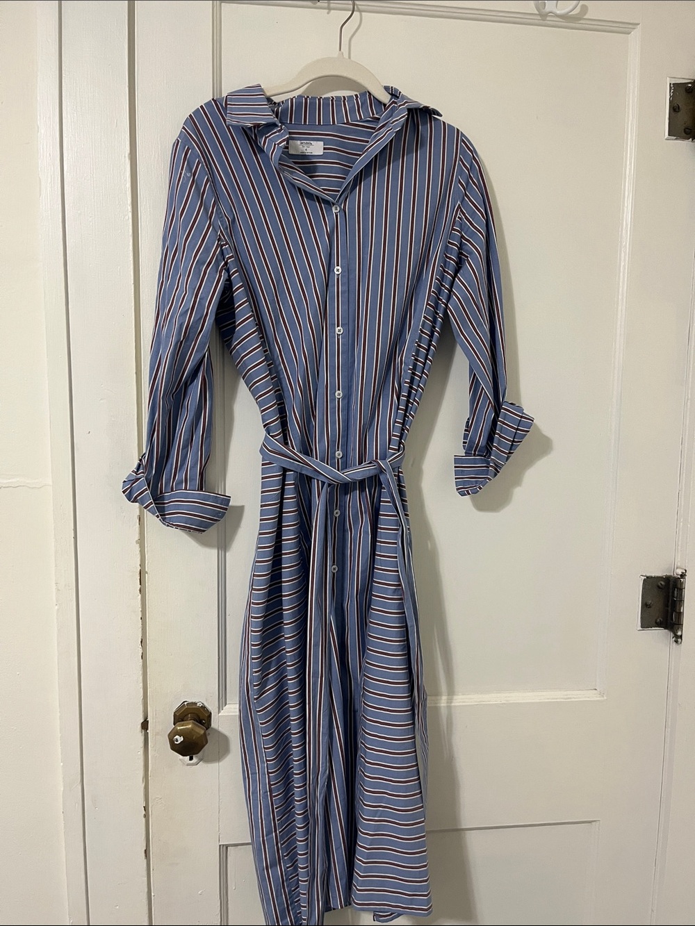 UNTUCKit Blue Striped Long Sleeve Shirt Dress with Waist Tie